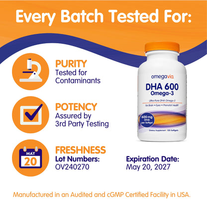 OmegaVia DHA 600 mg – Ultra Pure DHA for Brain & Eyes, Burpless, IFOS Tested, 120 Softgels