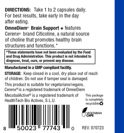 Omne Diem Brain Support with Cerenx and MecobalActive | 60 Capsules – Brain Health & Mood