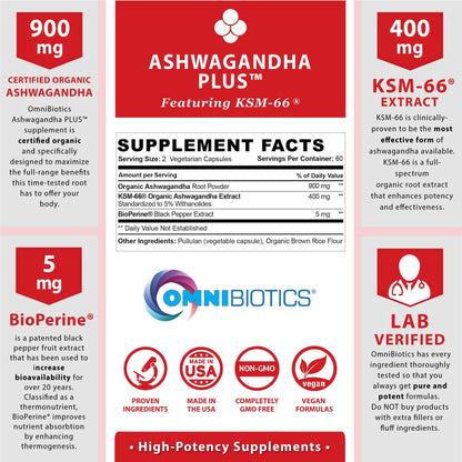 OmniBiotics Organic Ashwagandha – 1300mg Total Strength, 120 Vegan Caps