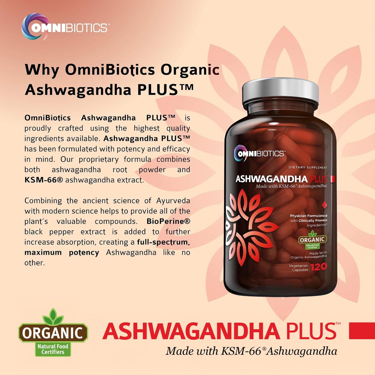 OmniBiotics Organic Ashwagandha – 1300mg Total Strength, 120 Vegan Caps