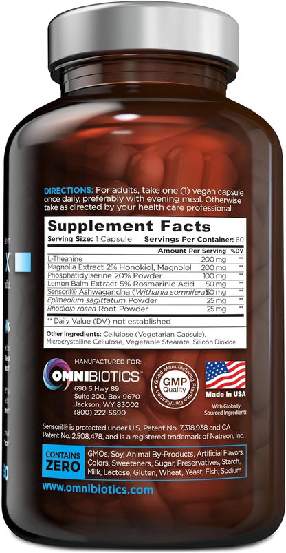 OmniBiotics Cortisol Supplement for Women & Men | Ashwagandha, L-Theanine, Magnolia, Phosphatidylserine | 60 Vegan Capsules