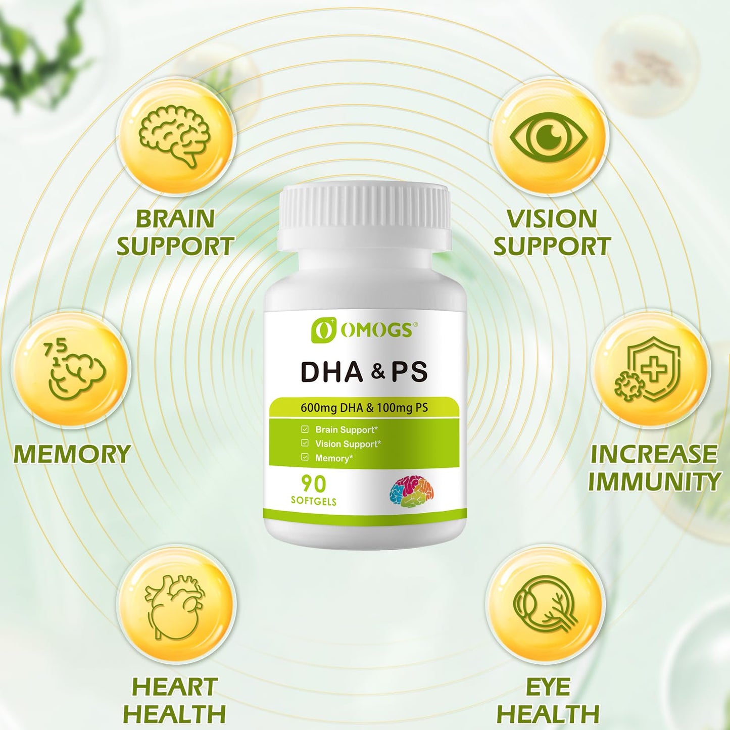 OMOGS Algae DHA 600 mg Softgels with Phosphatidylserine & Walnut Oil