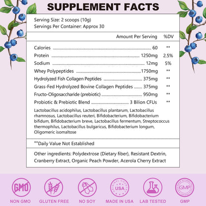 OMOGS Hydrolyzed Collagen Peptide Powder with Prebiotics, Vitamin C & Cranberry Extract – Supports Hair, Skin, Nails, Bones, Digestive & Urinary Health | Non-GMO