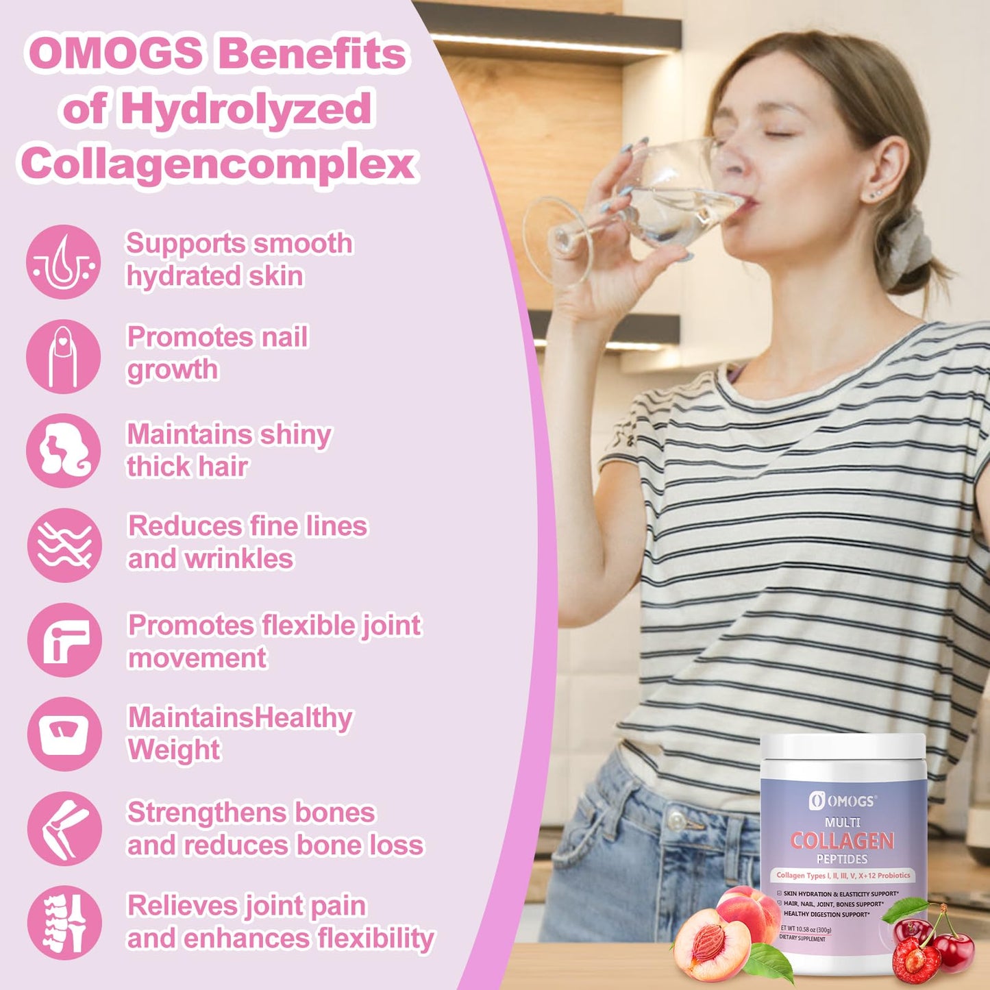 OMOGS Hydrolyzed Collagen Peptide Powder with Prebiotics, Vitamin C & Cranberry Extract – Supports Hair, Skin, Nails, Bones, Digestive & Urinary Health | Non-GMO