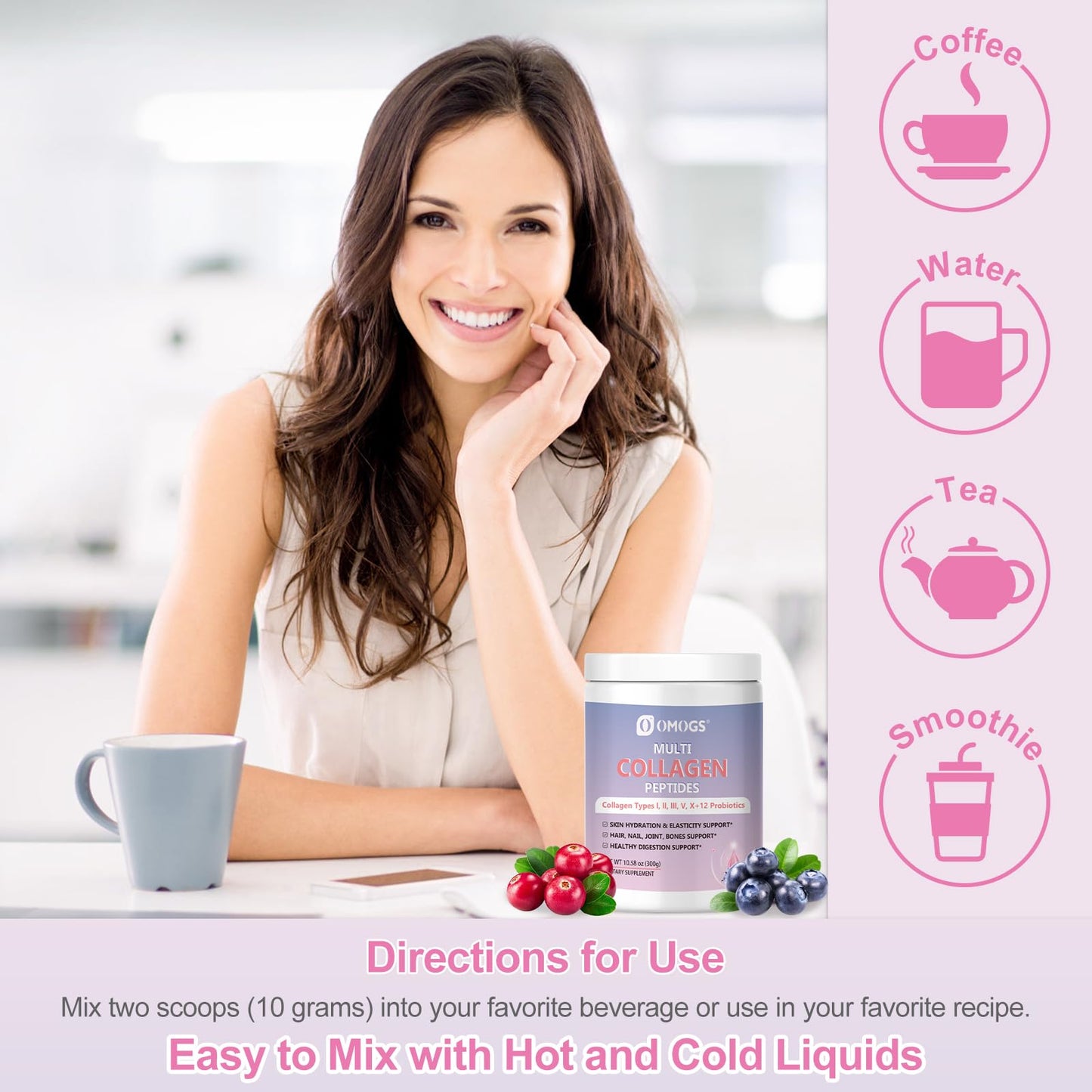 OMOGS Hydrolyzed Collagen Peptide Powder with Prebiotics, Vitamin C & Cranberry Extract – Supports Hair, Skin, Nails, Bones, Digestive & Urinary Health | Non-GMO