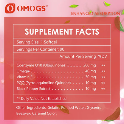 OMOGS CoQ10 200mg Softgels – High-Absorption CoQ10 for Heart Health, Immunity & Energy (Gluten Free, 90 Softgels)