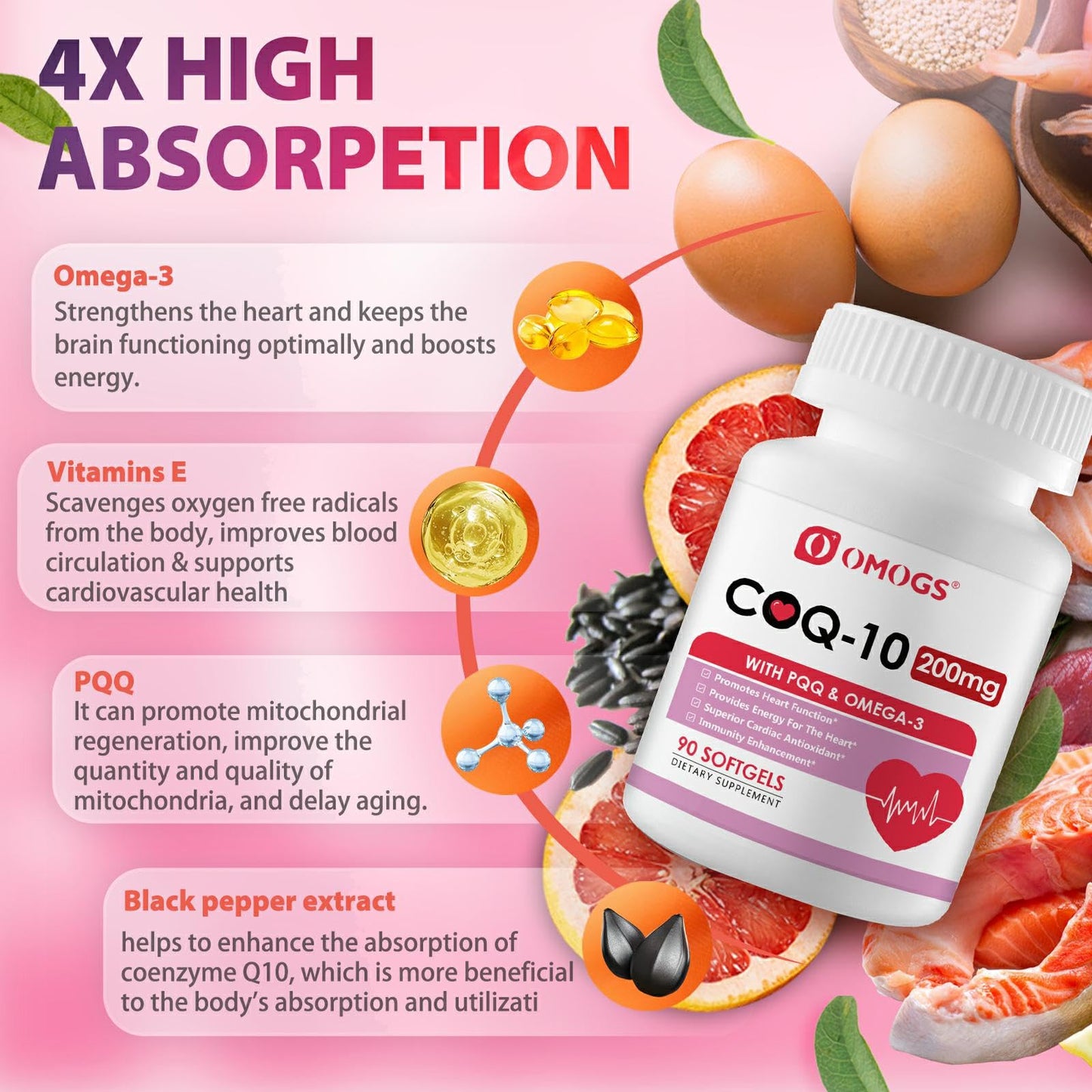 OMOGS CoQ10 200mg Softgels – High-Absorption CoQ10 for Heart Health, Immunity & Energy (Gluten Free, 90 Softgels)