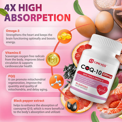 OMOGS CoQ10 200mg Softgels – High-Absorption CoQ10 for Heart Health, Immunity & Energy (Gluten Free, 90 Softgels)