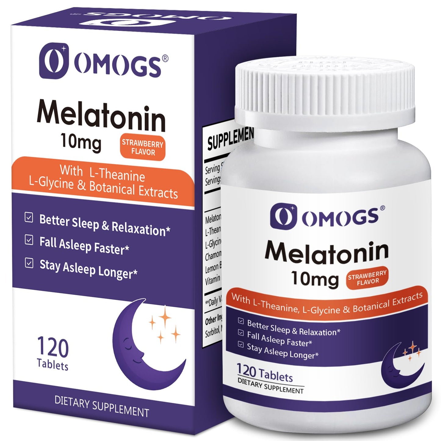 OMOGS Melatonin Sleep Supplements - Fast-Dissolve 10mg with L-Theanine, L-Glycine & Vitamin B, Strawberry Flavor, 120-Day Supply