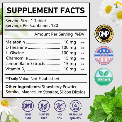 OMOGS Melatonin Sleep Supplements - Fast-Dissolve 10mg with L-Theanine, L-Glycine & Vitamin B, Strawberry Flavor, 120-Day Supply