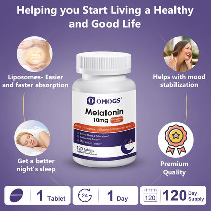 OMOGS Melatonin Sleep Supplements - Fast-Dissolve 10mg with L-Theanine, L-Glycine & Vitamin B, Strawberry Flavor, 120-Day Supply