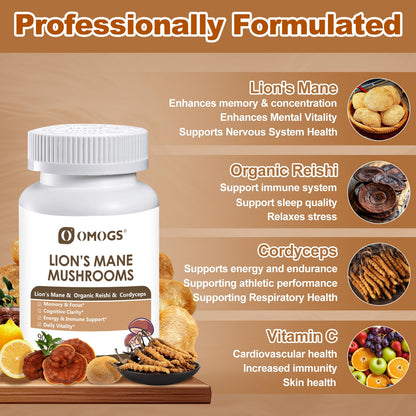 OMOGS Mushroom Complex Supplement Capsules 10:1 Extract, Lions Mane Supplement with Cordyceps, Reishi, for Brain Health, Memory Support, Focus & Immune System