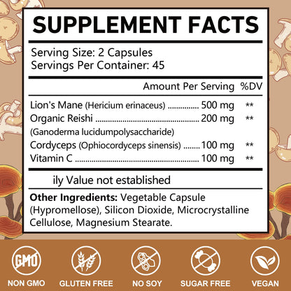OMOGS Mushroom Complex Supplement Capsules 10:1 Extract, Lions Mane Supplement with Cordyceps, Reishi, for Brain Health, Memory Support, Focus & Immune System