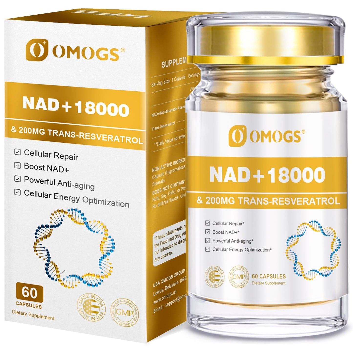 OMOGS NAD+ 300 mg + Trans-Resveratrol 200 mg | 60 Capsules NAD+ Supplement