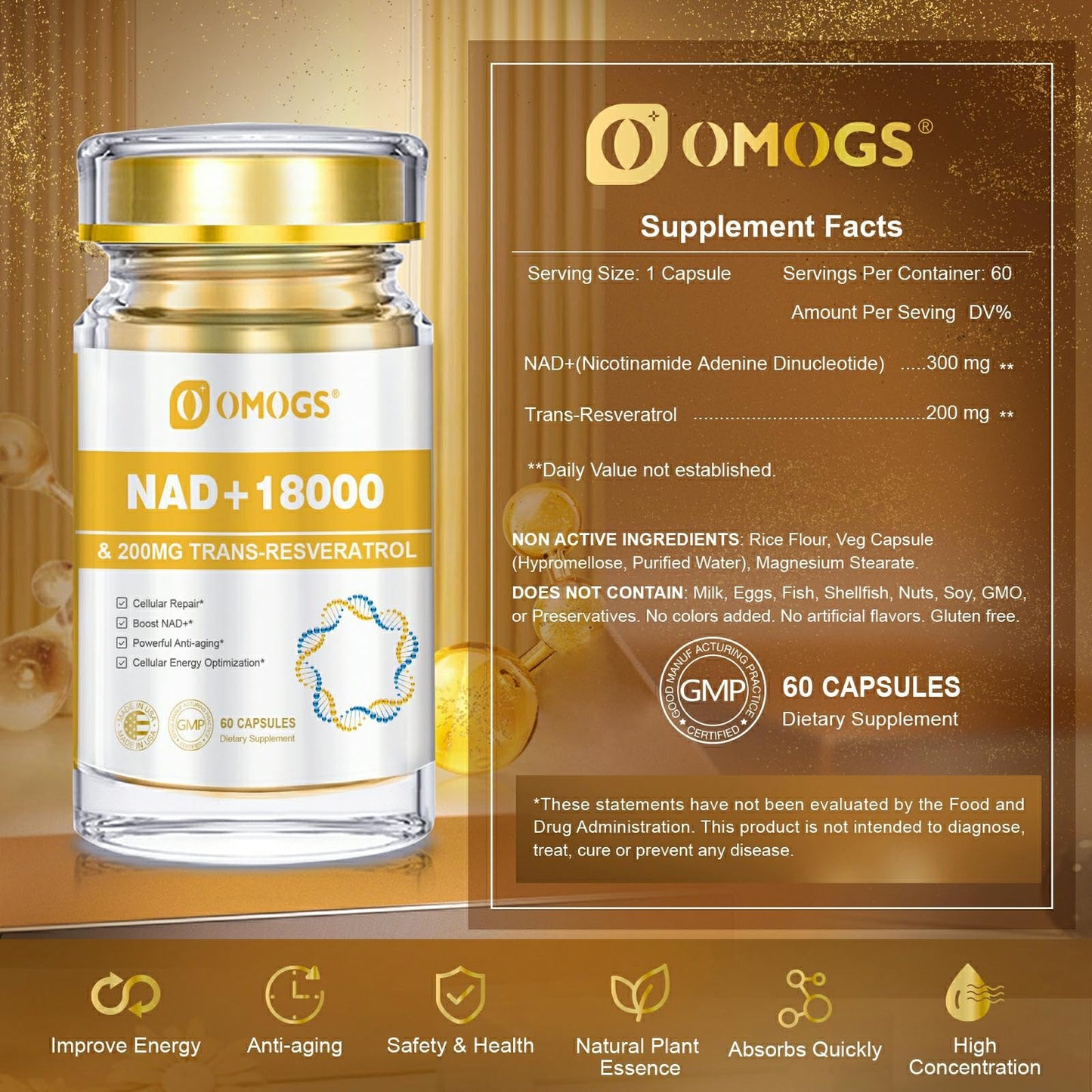 OMOGS NAD+ 300 mg + Trans-Resveratrol 200 mg | 60 Capsules NAD+ Supplement