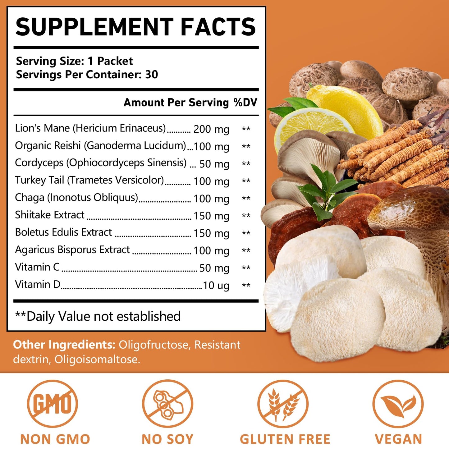 OMOGS Organic Mushroom Complex Powder Blend – Lion's Mane, Reishi, Cordyceps, Turkey Tail for Brain Health & Focus