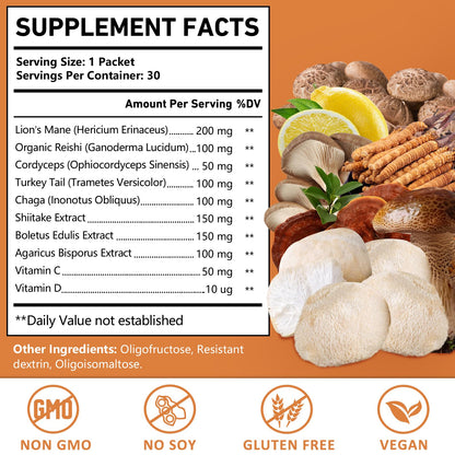 OMOGS Organic Mushroom Complex Powder Blend – Lion's Mane, Reishi, Cordyceps, Turkey Tail for Brain Health & Focus