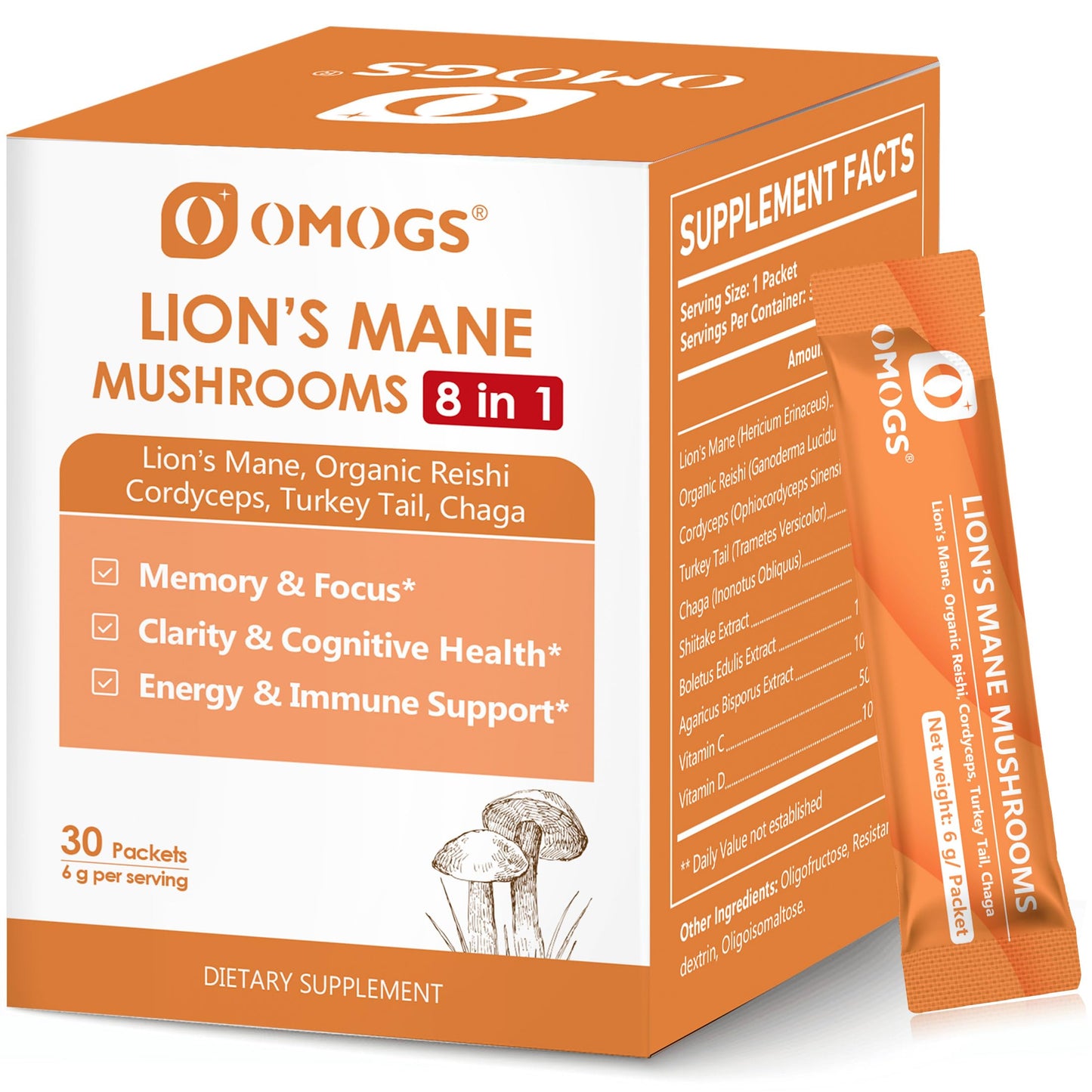 OMOGS Organic Mushroom Complex Powder Blend – Lion's Mane, Reishi, Cordyceps, Turkey Tail for Brain Health & Focus