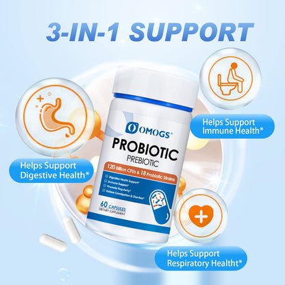OMOGS Probiotics 120B CFUs – 18 Strains, 3 Prebiotics & Digestive Enzymes, 60 Capsules