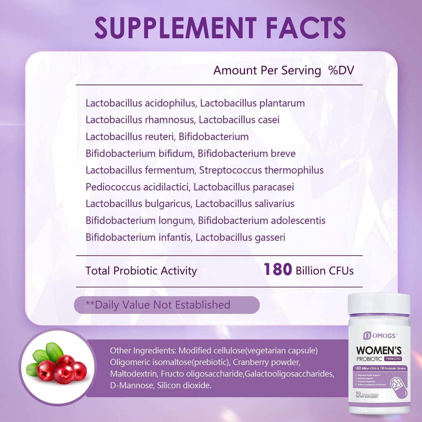 OMOGS Women's Probiotic 180 Billion CFUs | 18 Strains, Organic Prebiotics, Cranberry, D-Mannose & Digestive Enzymes | 90 Capsules