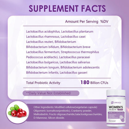 OMOGS Women's Probiotic 180 Billion CFUs | 18 Strains, Organic Prebiotics, Cranberry, D-Mannose & Digestive Enzymes | 90 Capsules