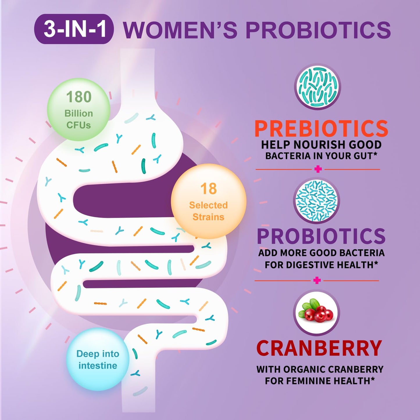OMOGS Women's Probiotic 180 Billion CFUs | 18 Strains, Organic Prebiotics, Cranberry, D-Mannose & Digestive Enzymes | 90 Capsules