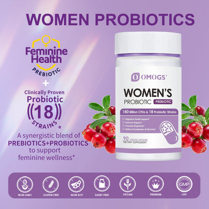 OMOGS Women's Probiotic 180 Billion CFUs | 18 Strains, Organic Prebiotics, Cranberry, D-Mannose & Digestive Enzymes | 90 Capsules