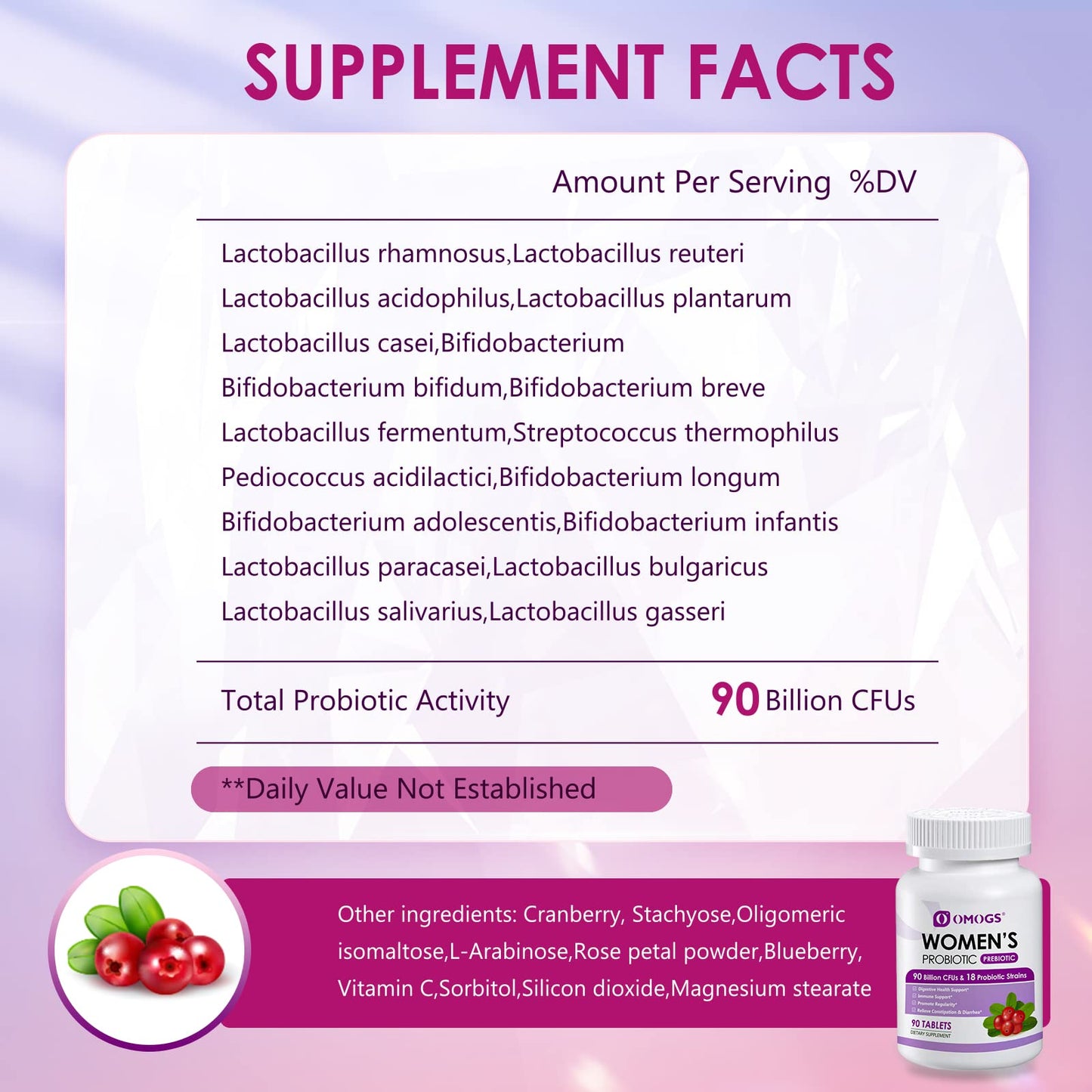 OMOGS Women's Probiotic – Cranberry, Prebiotics & Vitamin C | 90B CFUs, 18 Strains, 90 Tablets