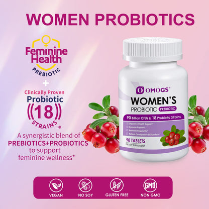 OMOGS Women's Probiotic – Cranberry, Prebiotics & Vitamin C | 90B CFUs, 18 Strains, 90 Tablets