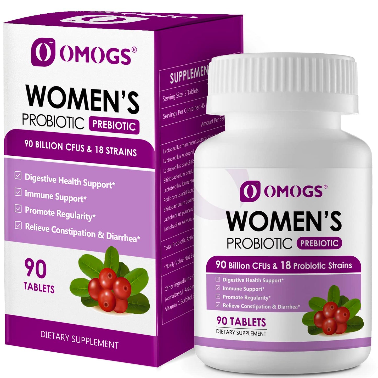OMOGS Women's Probiotic – Cranberry, Prebiotics & Vitamin C | 90B CFUs, 18 Strains, 90 Tablets