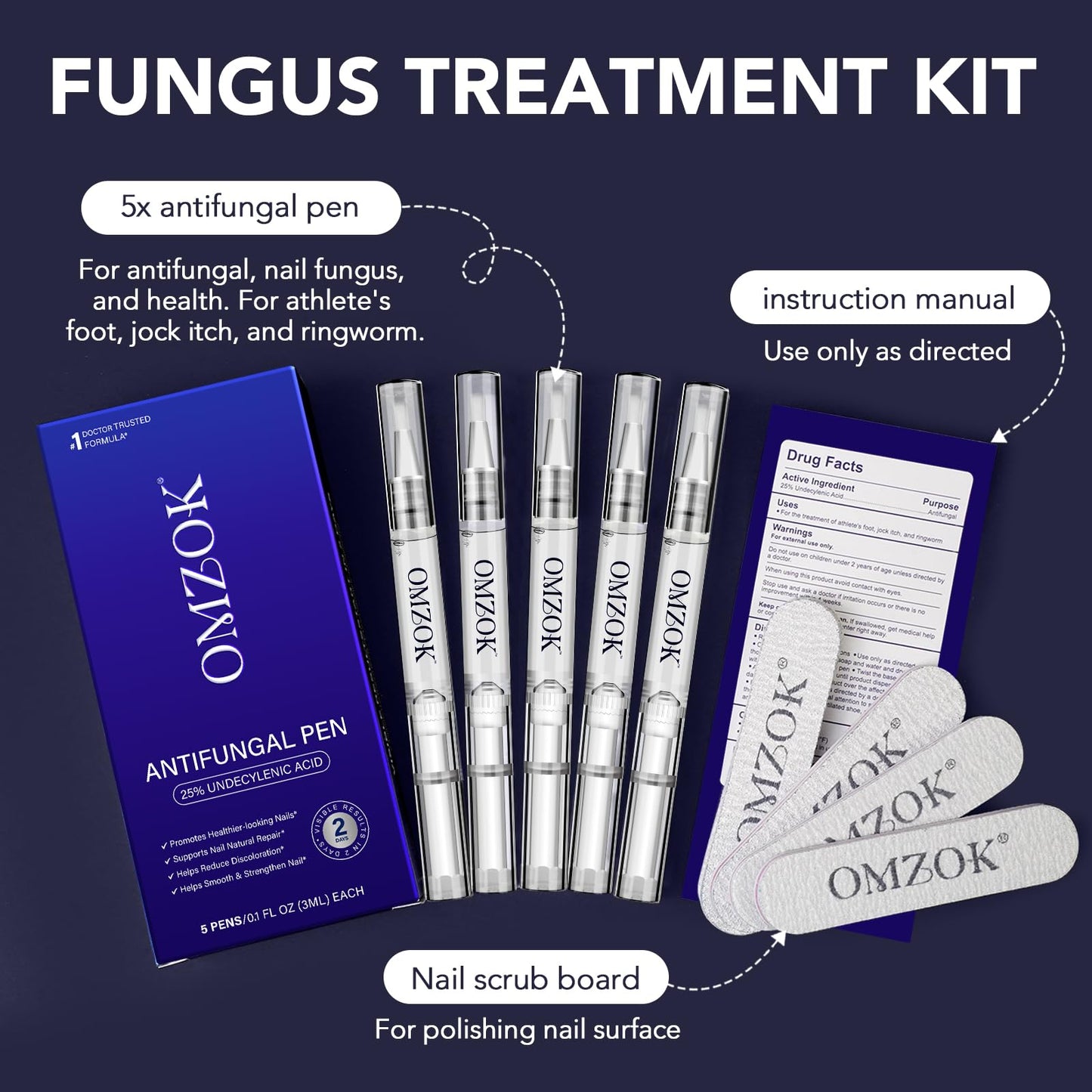 OMZOK Toenail Fungus Pen - 25% Undecylenic Acid & Tea Tree Oil - Extra-Strength Nail Repair (5-Pack)