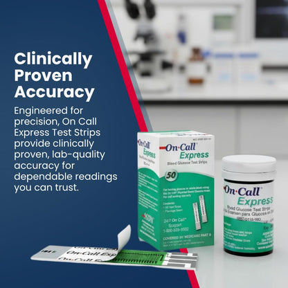 On Call Express Blood Glucose Test Strips – No Coding, 50 Count, Quick Read in Seconds