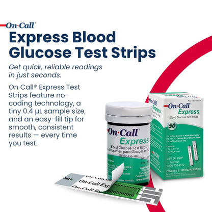 On Call Express Blood Glucose Test Strips – No Coding, 50 Count, Quick Read in Seconds