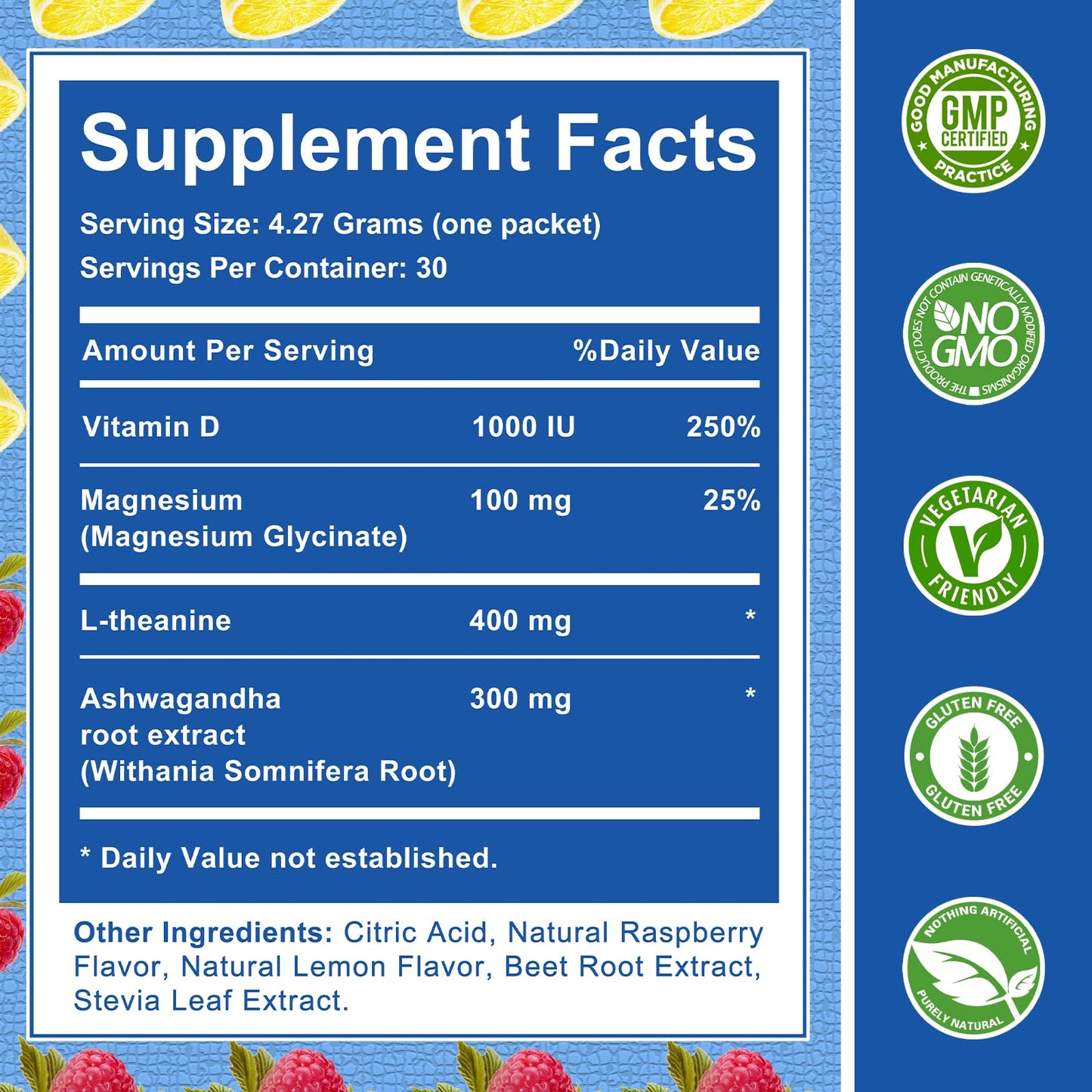 Cortisol Powdered Drink Mix with Magnesium Glycinate, L-Theanine, Ashwagandha & Vitamin D3 – Raspberry Lemonade, 30 Packets