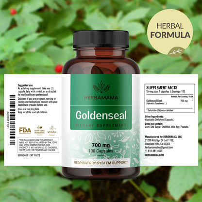 Goldenseal Root Capsules 700mg - Immune & Respiratory Support | Vegan, Non-GMO | Herbamama