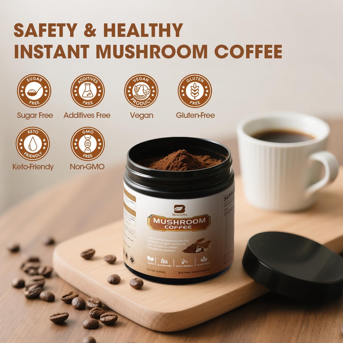 B BEWORTHS 2Pack Mushroom Coffee Powder with MCT Oil - 10-Mushroom Blend for Focus, Immune & Brain Health | Keto