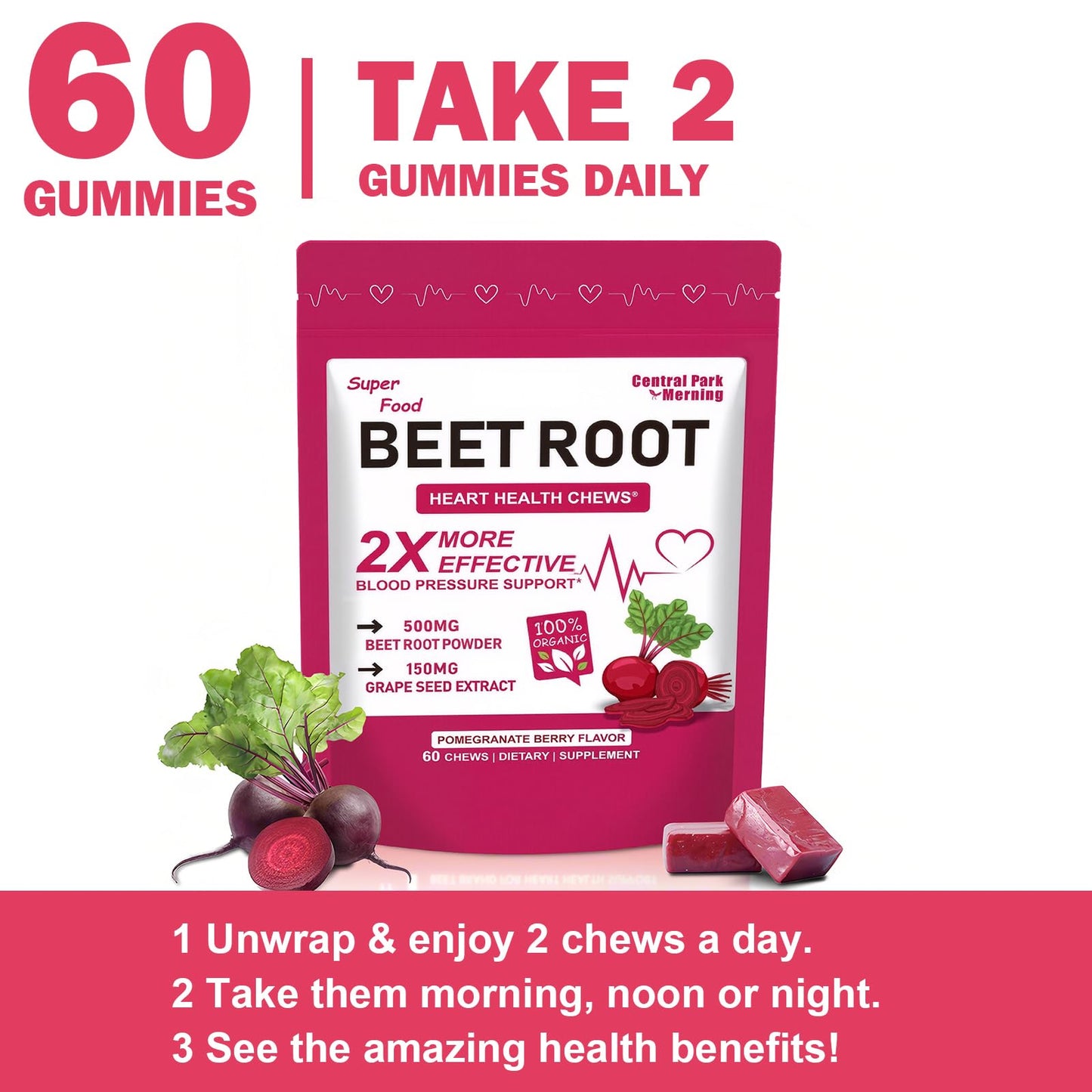 Central Park Beet Root Chews – 2-in-1 Beet & Grape Seed for Heart Health & Energy