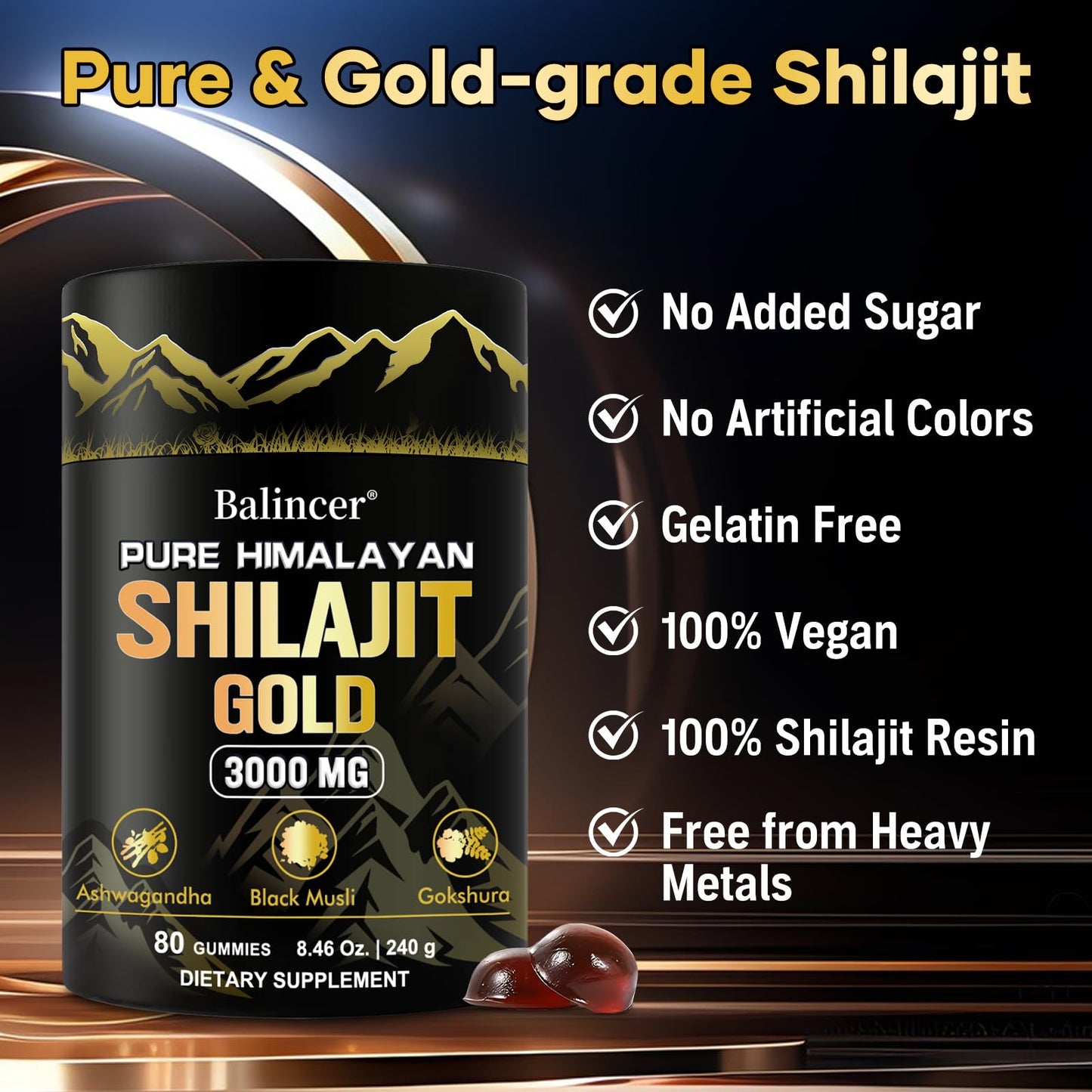 Pure Himalayan Shilajit Gummies Gold – Lab Tested, Ashwagandha & Gokshura