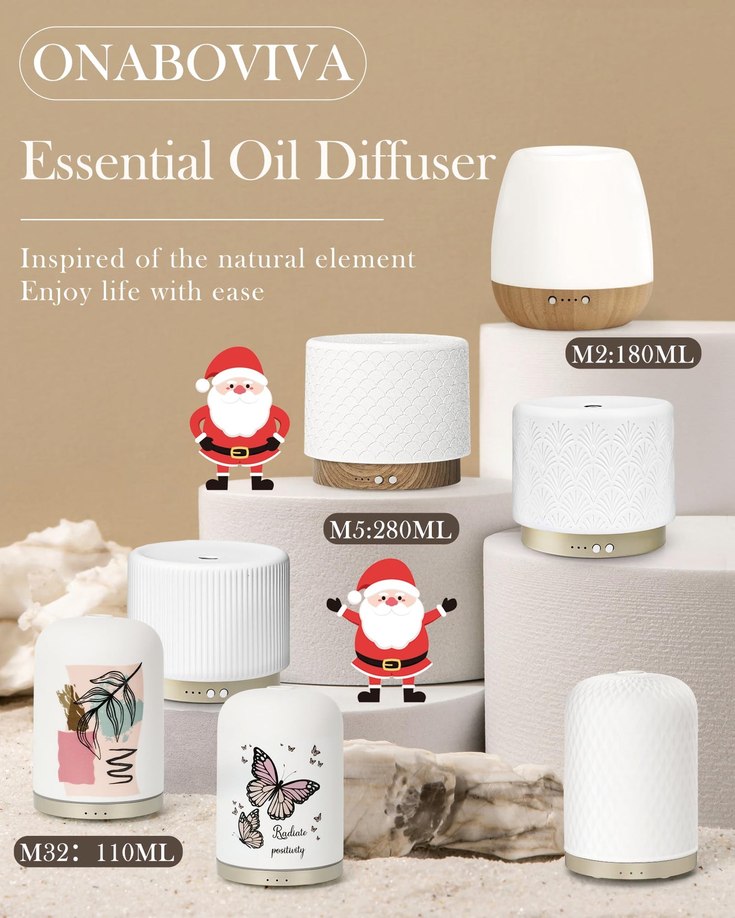 Onaboviva Ceramic 280ml Essential Oil Diffuser – Ultrasonic Aromatherapy & Night Light