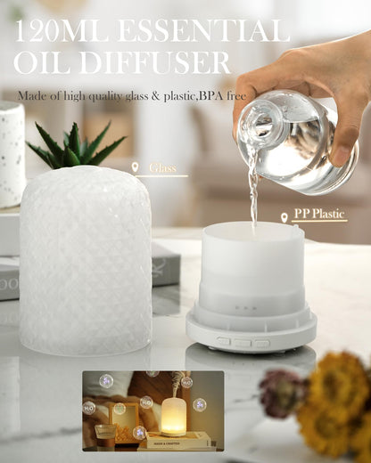 Onaboviva Essential Oil Diffuser – 2.4MHz Ultrasonic, 120ml Glass Diffuser, Auto Shut-Off, 3 Timers, BPA-Free, Home Office Spa