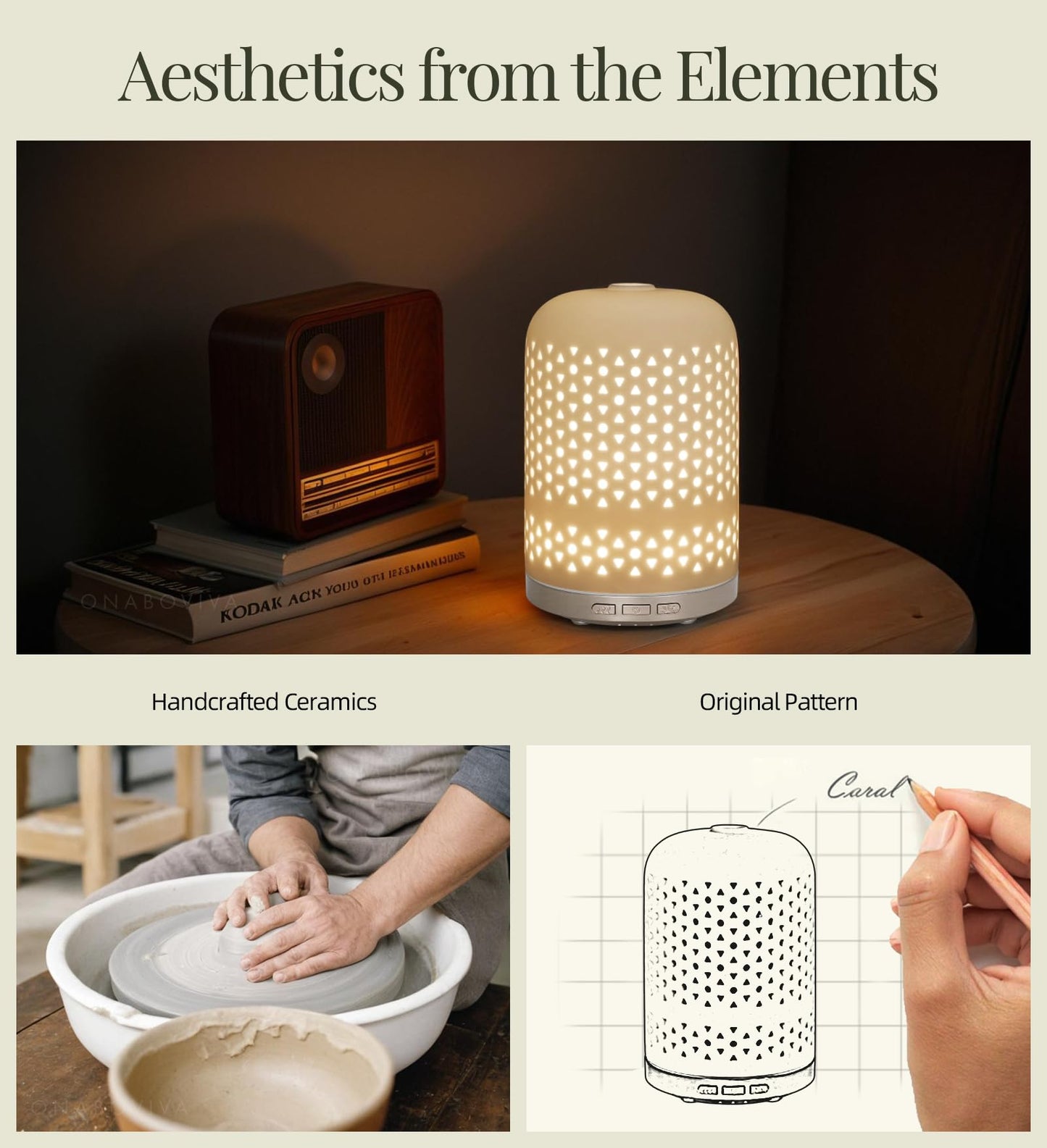Onaboviva Essential Oil Diffuser – 120ml Ceramic Ultrasonic Diffuser with Auto Shut-Off, 3 Timers, BPA-Free
