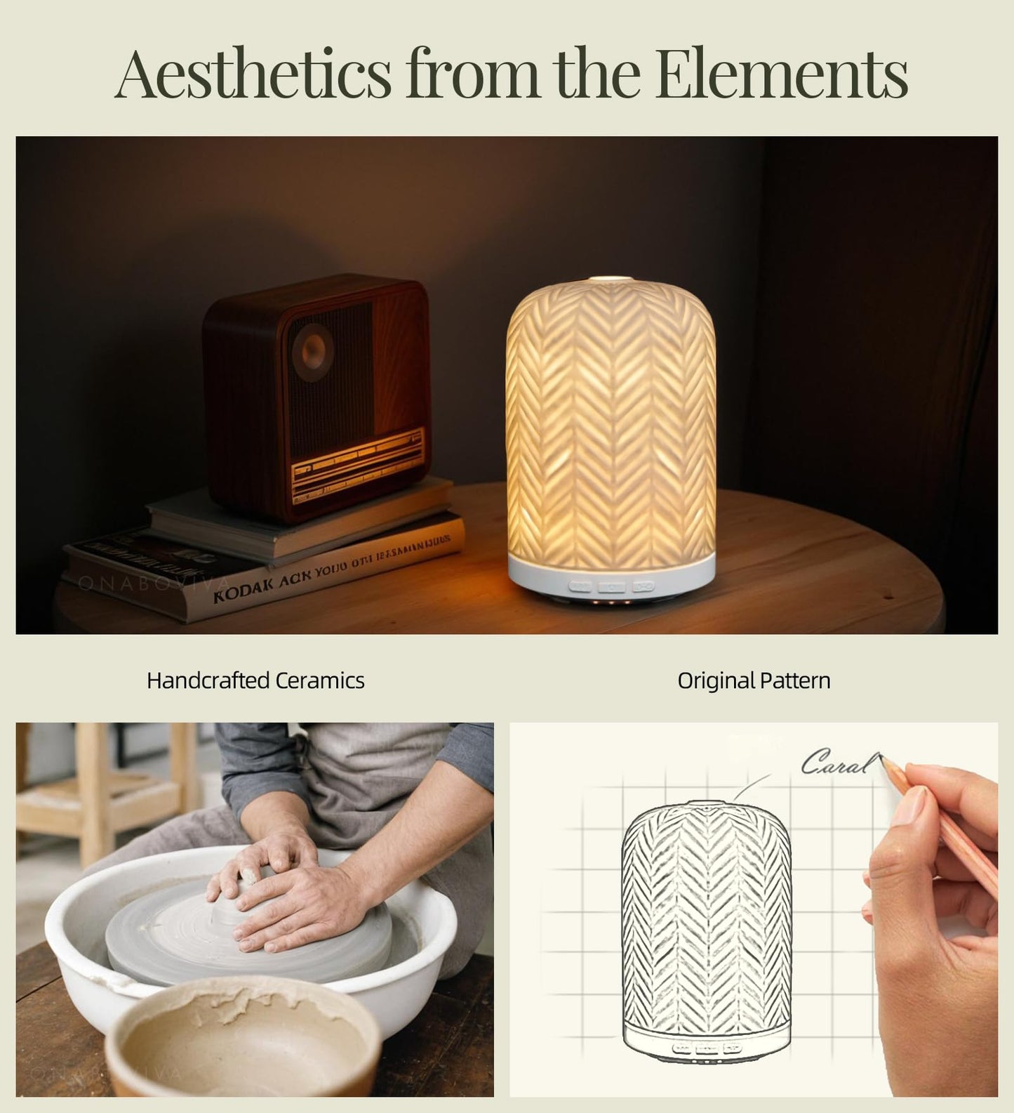 Onaboviva Essential Oil Diffuser – 2.4MHz Ultrasonic, 120ml Ceramic, BPA-Free