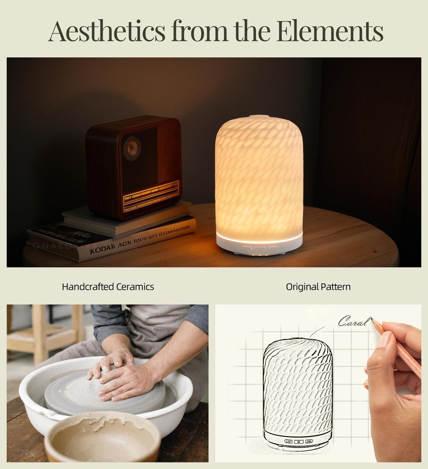 Onaboviva Essential Oil Diffuser – 2.4MHz Ultrasonic Ceramic Diffuser 120ml Auto Shut-Off