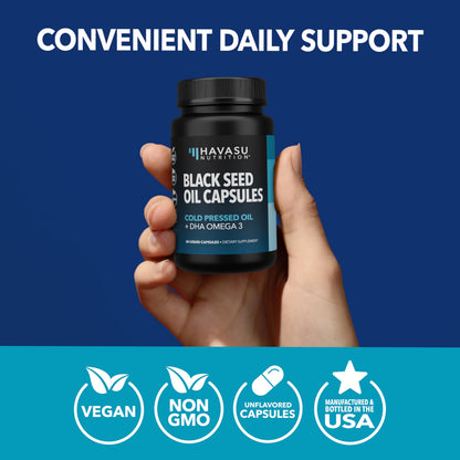 Black Seed Oil with DHA for Brain Health – Cold Pressed Black Cumin Seed Oil, DHA Omega-3 (60 Capsules) – Vegan, Non-GMO, Gluten-Free, 1 Month Supply