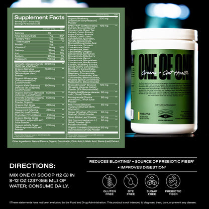ONE OF ONE Greens & Gut Health – Pineapple Greens Powder with Prebiotics, Probiotics & Digestive Enzymes | 30 Servings