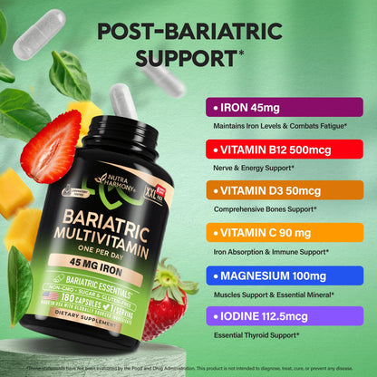 Bariatric Multivitamin with Iron – 21 Vitamins, 180 Capsules, USA Made