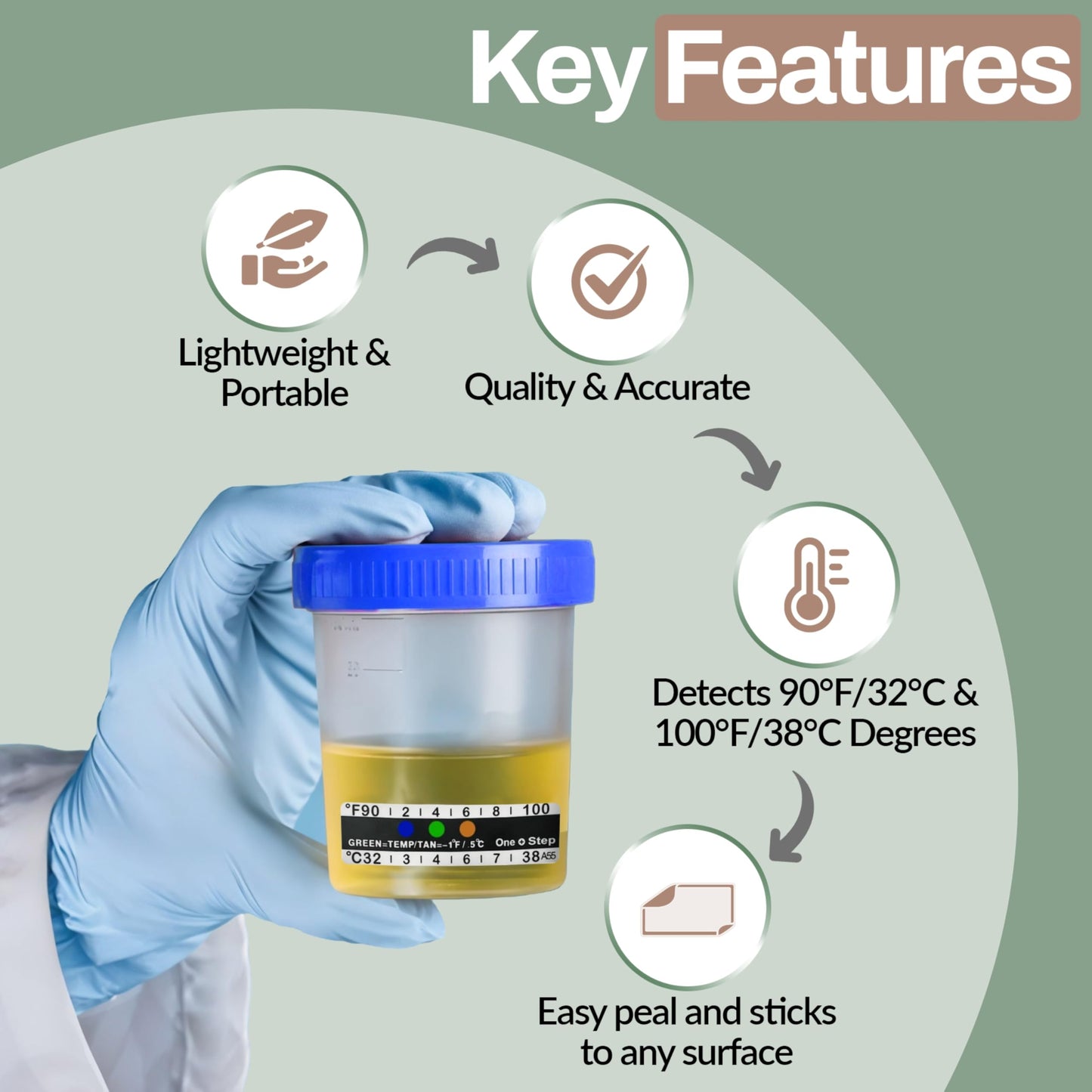 One Step Urine Temperature Test Strips – 100 Adhesive Stick-On Thermometer Strips (32°C–38°C / 90°F–100°F)