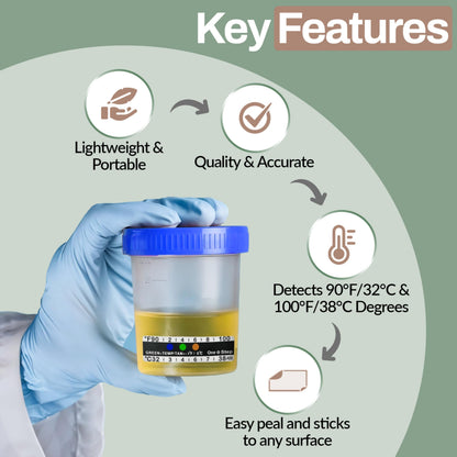 One Step Urine Temperature Test Strips – 100 Adhesive Stick-On Thermometer Strips (32°C–38°C / 90°F–100°F)