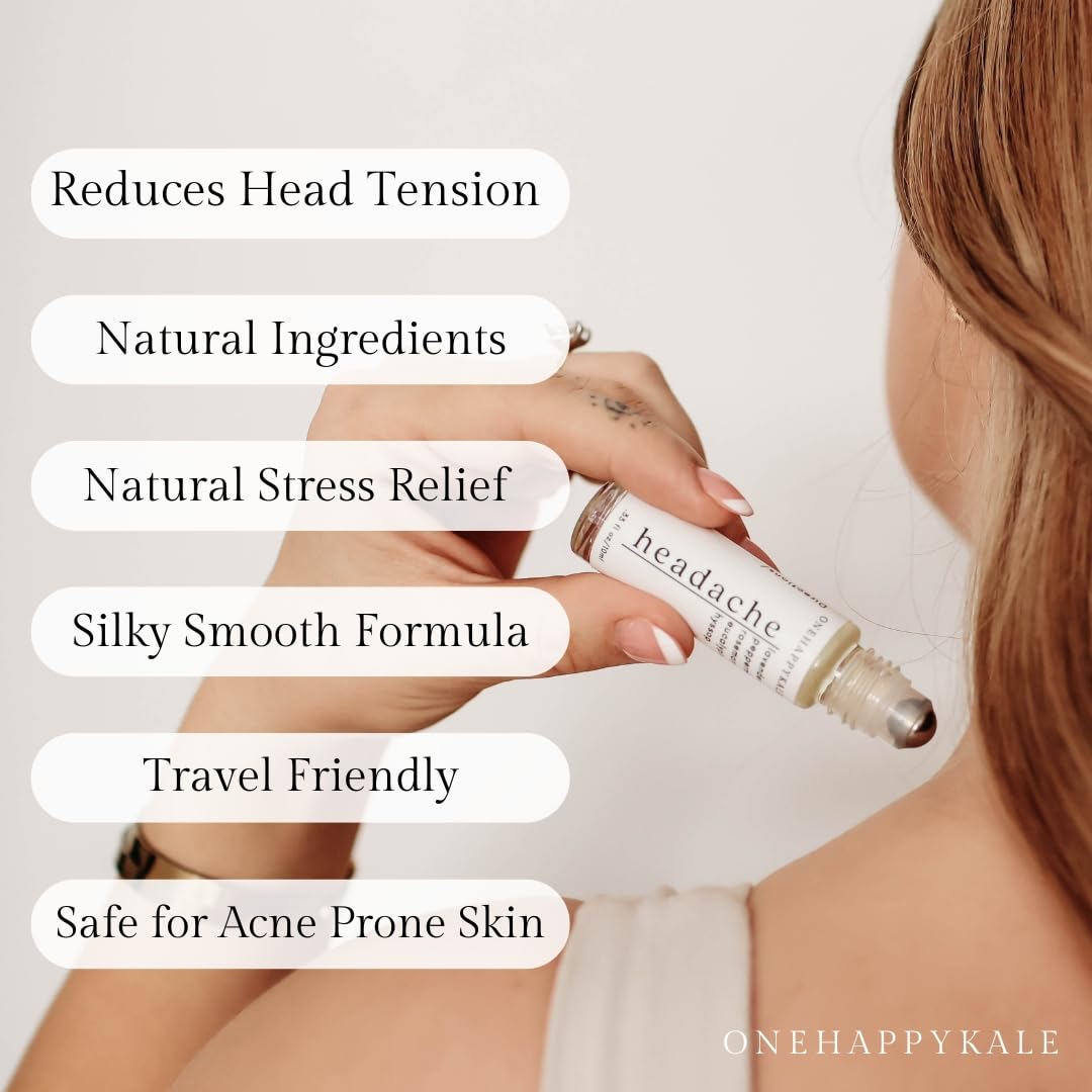 Onehappykale Headache Relief Essential Oil Roll-On 10ml – Fast-Acting Natural Blend (Peppermint, Lavender, Rosemary, Eucalyptus & Hyssop) – Cruelty-Free, Made in USA