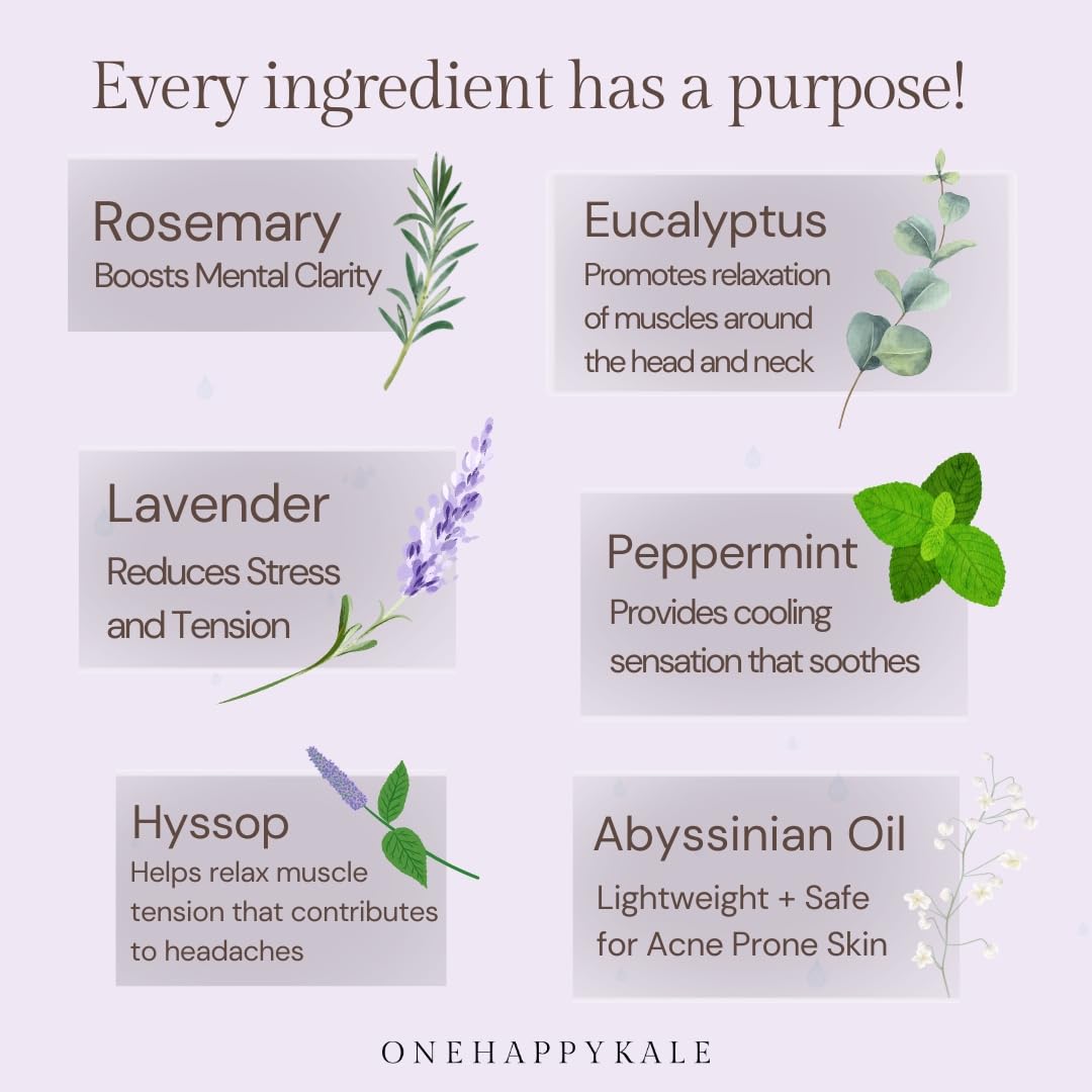 Onehappykale Headache Relief Essential Oil Roll-On 10ml – Fast-Acting Natural Blend (Peppermint, Lavender, Rosemary, Eucalyptus & Hyssop) – Cruelty-Free, Made in USA